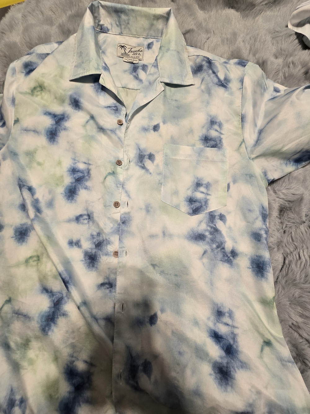 Tropical Tie-Dye Short Sleeve Button-Down Shirt - Blue & Light Green